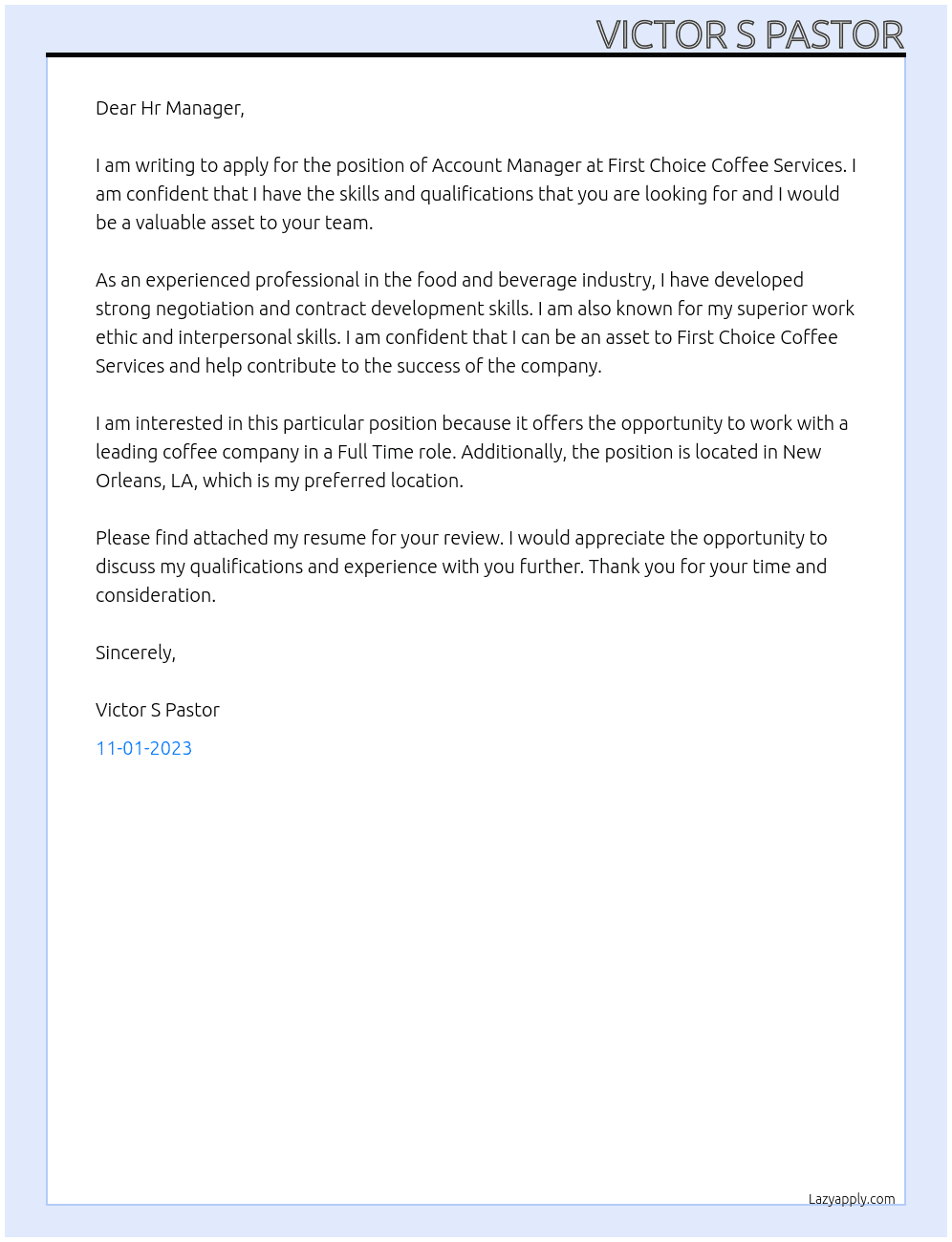 Account Manager At First Choice Coffee Services Cover Letter
