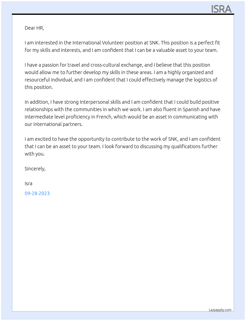  International volunteer At SNK Cover Letter