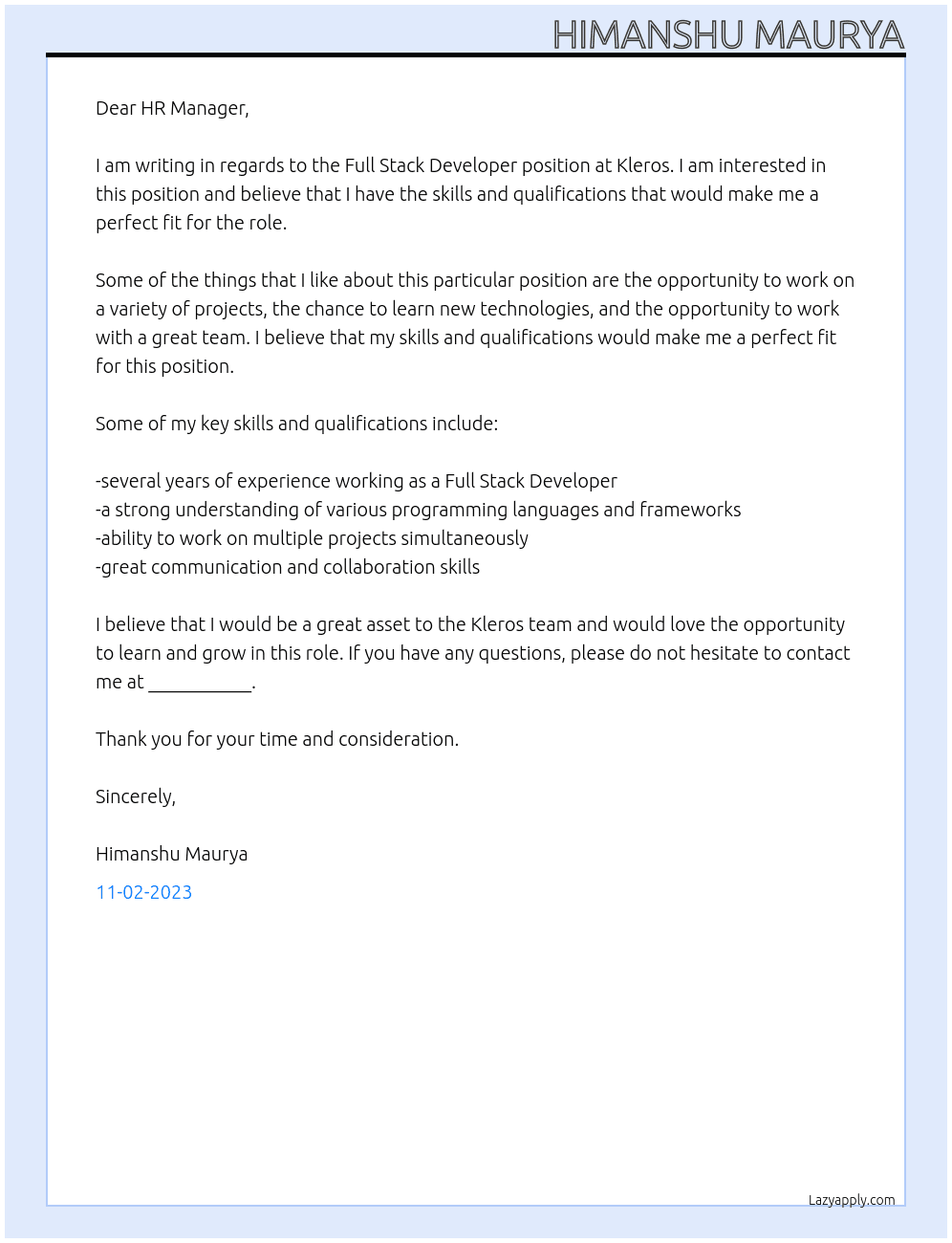 Full Stack Developer At Kleros Cover Letter