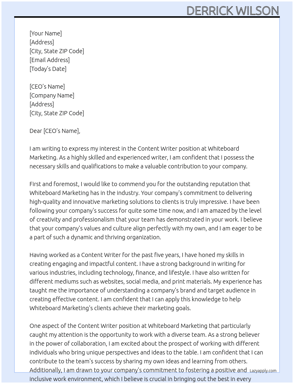 Content Writer  At Whiteboard Marketing  Cover Letter
