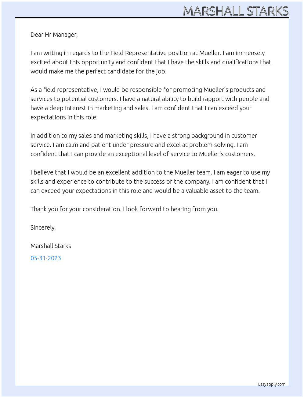 Field Representative At Mueller Cover Letter