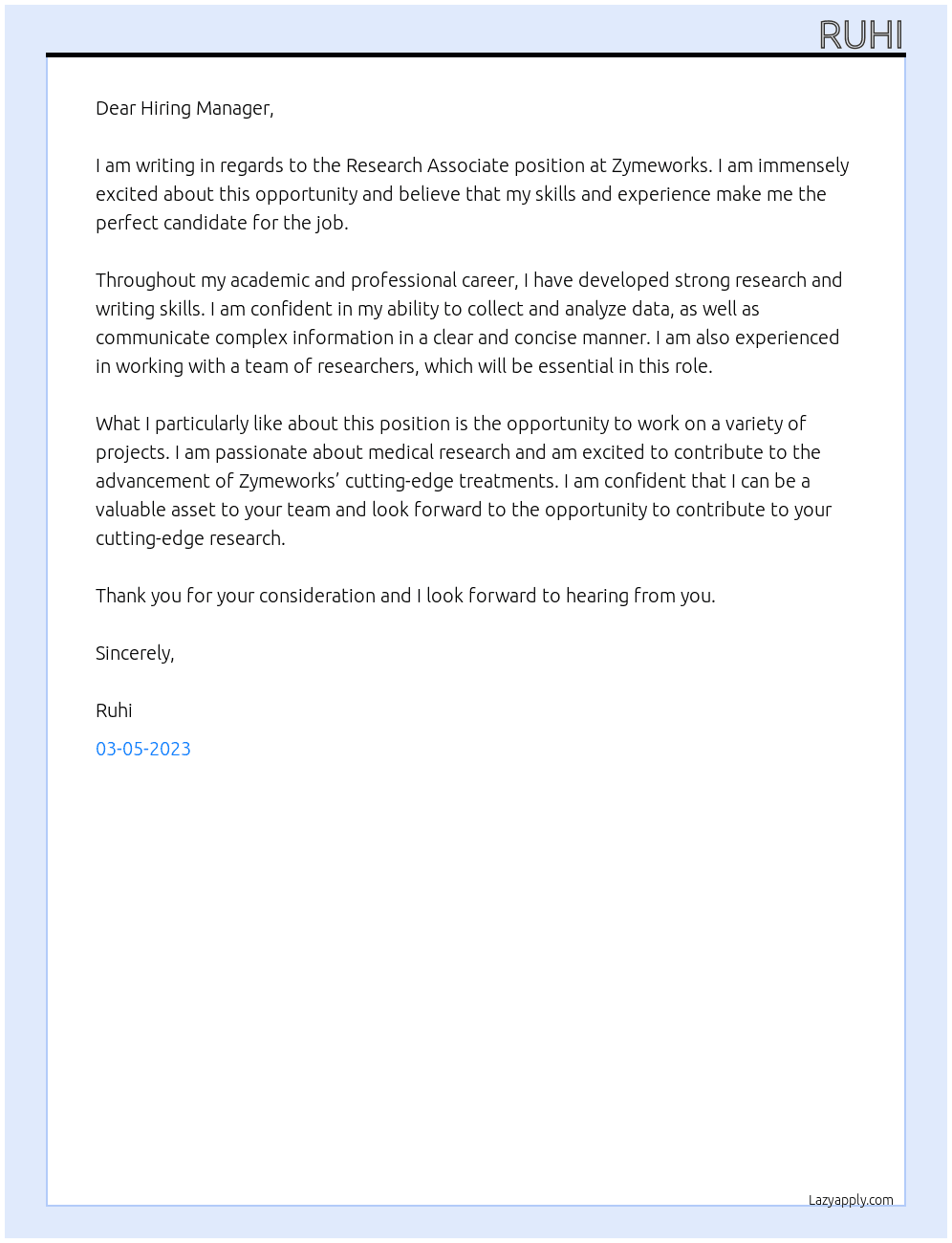 Research Associate At Zymeworks Cover Letter