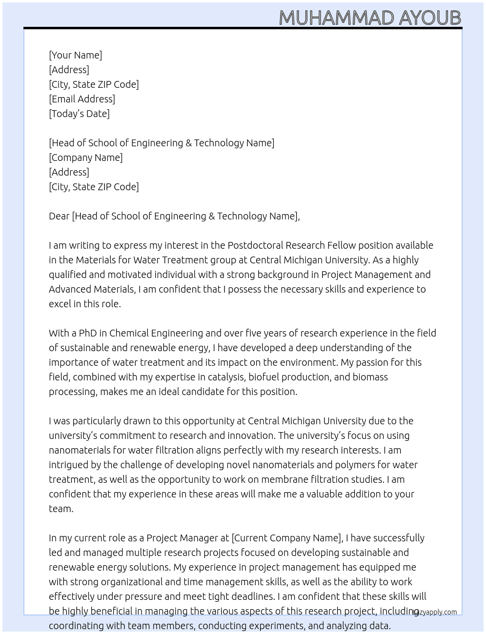 Postdoctoral Research Fellow At Central Michigan University USA Cover Letter