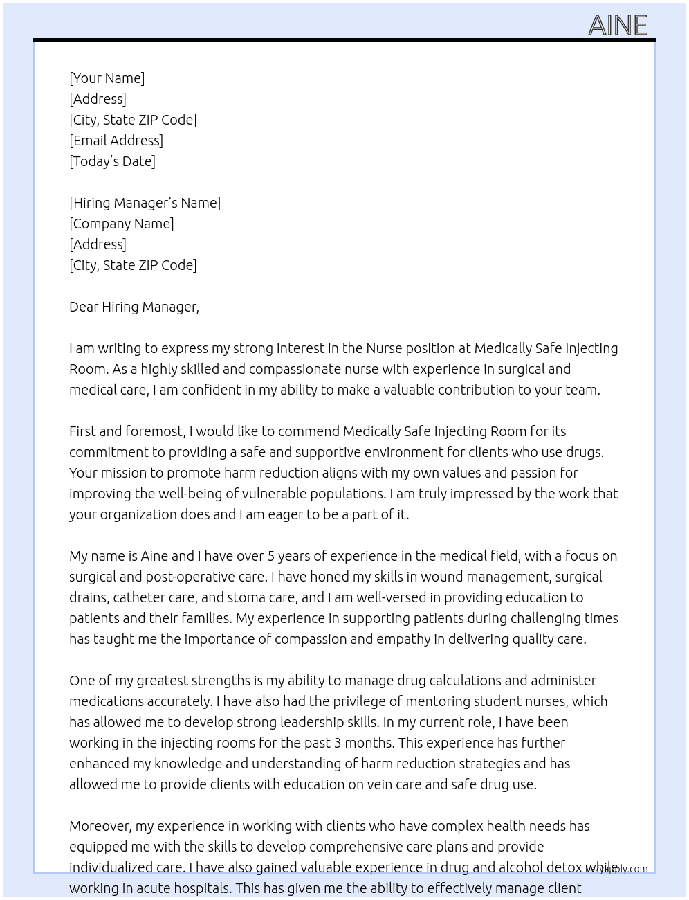Nurse  At Medically safe injecting room  Cover Letter