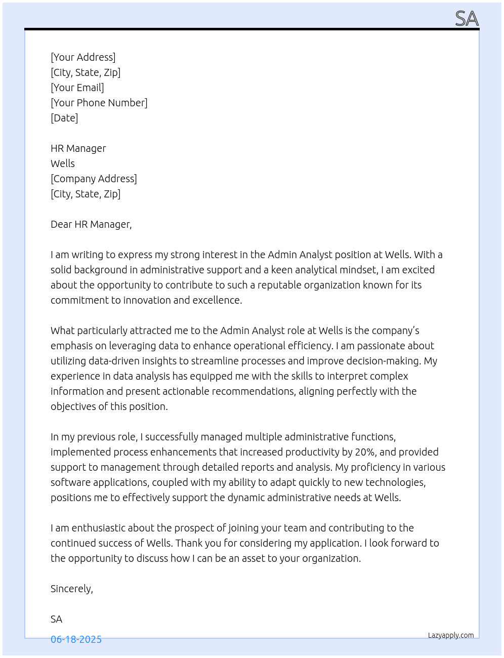 Cover letter for admin analyst - LazyApply
