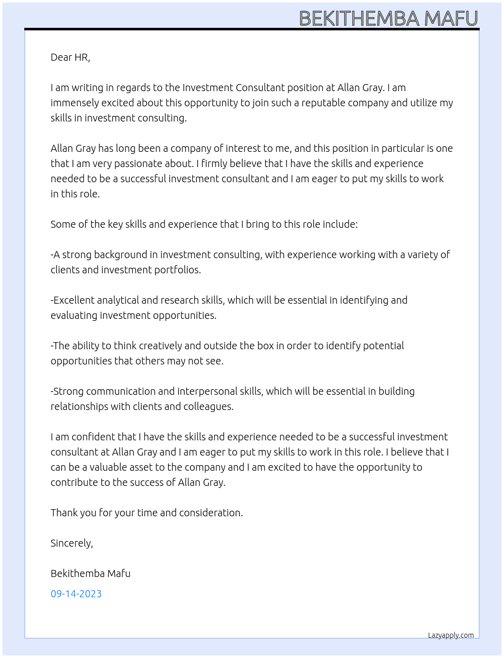 Investment consultant  At Allan Gray Cover Letter