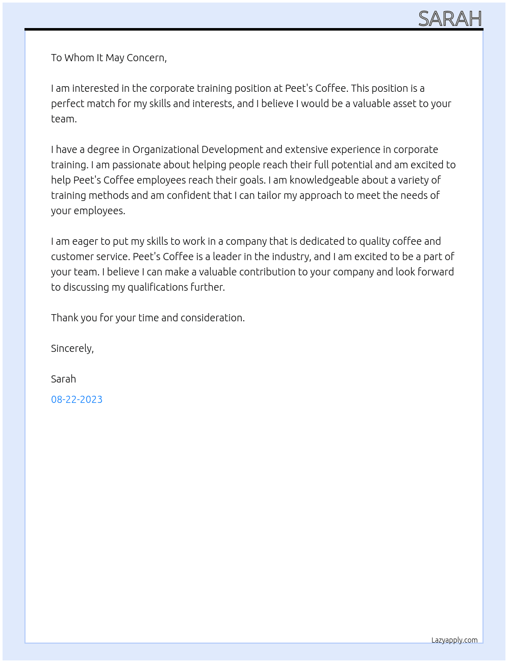 corporate training At peet's coffee Cover Letter