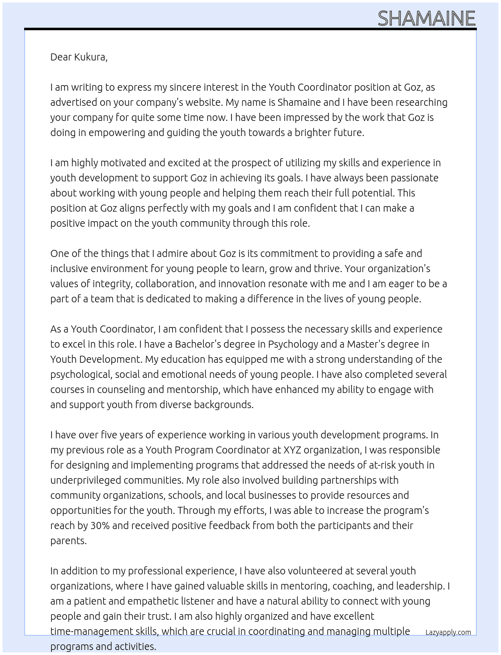 Youth Coordinator At Goz Cover Letter