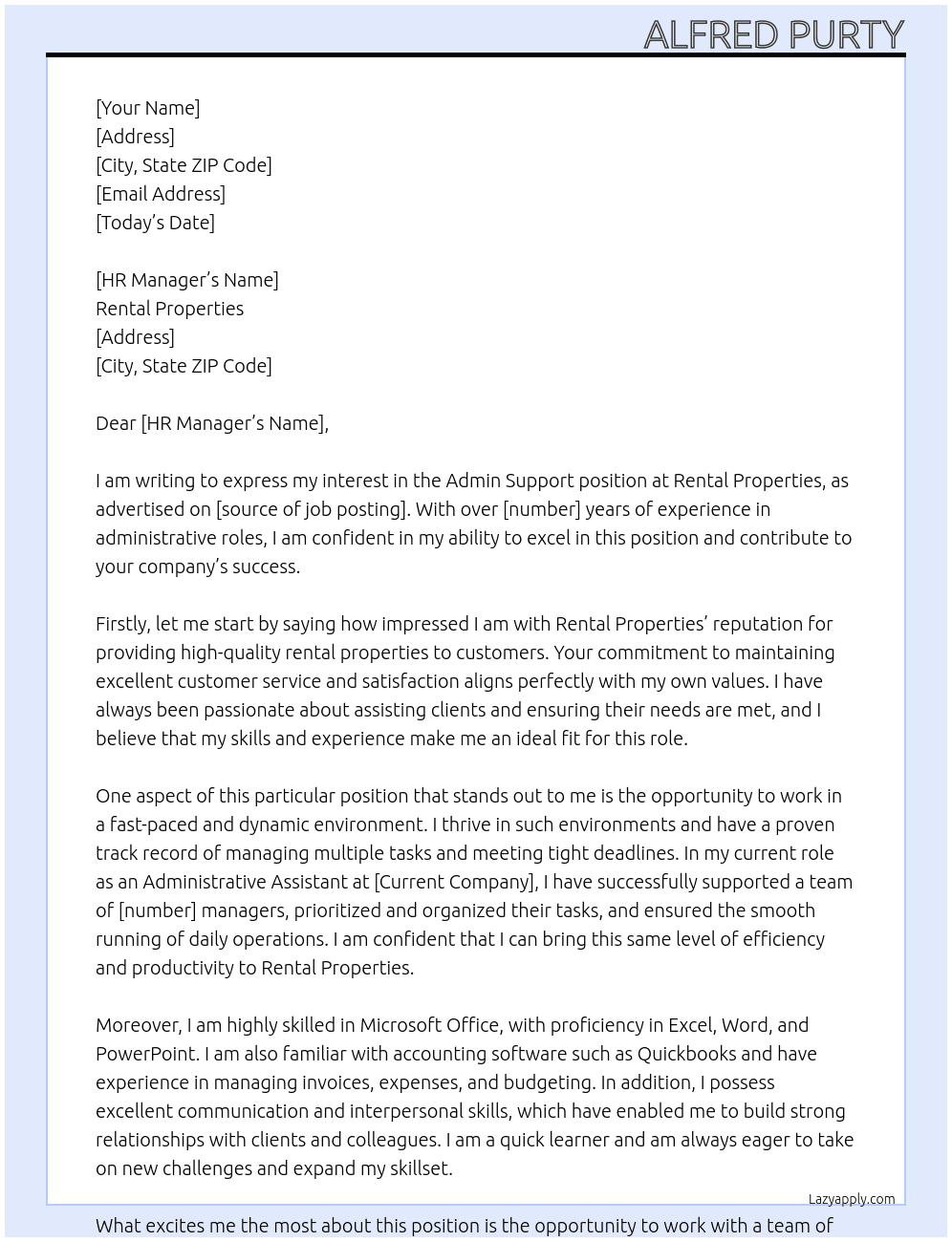 Admin Support At Rental Properties Cover Letter