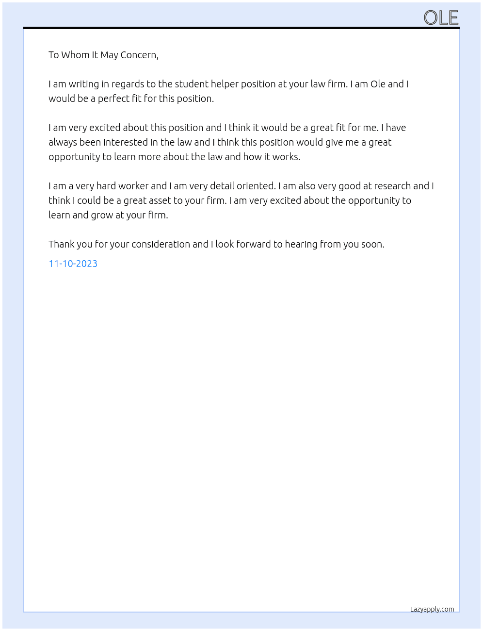 Student helper At law firm Hinze Cover Letter