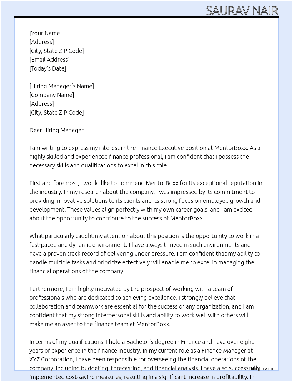 Finance Executive At MentorBoxx Cover Letter