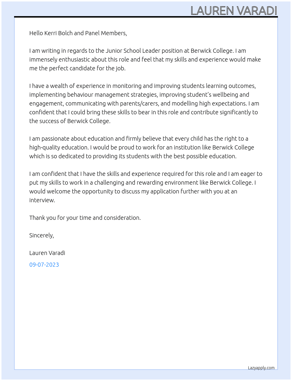 Junior School Leader At Berwick College Cover Letter