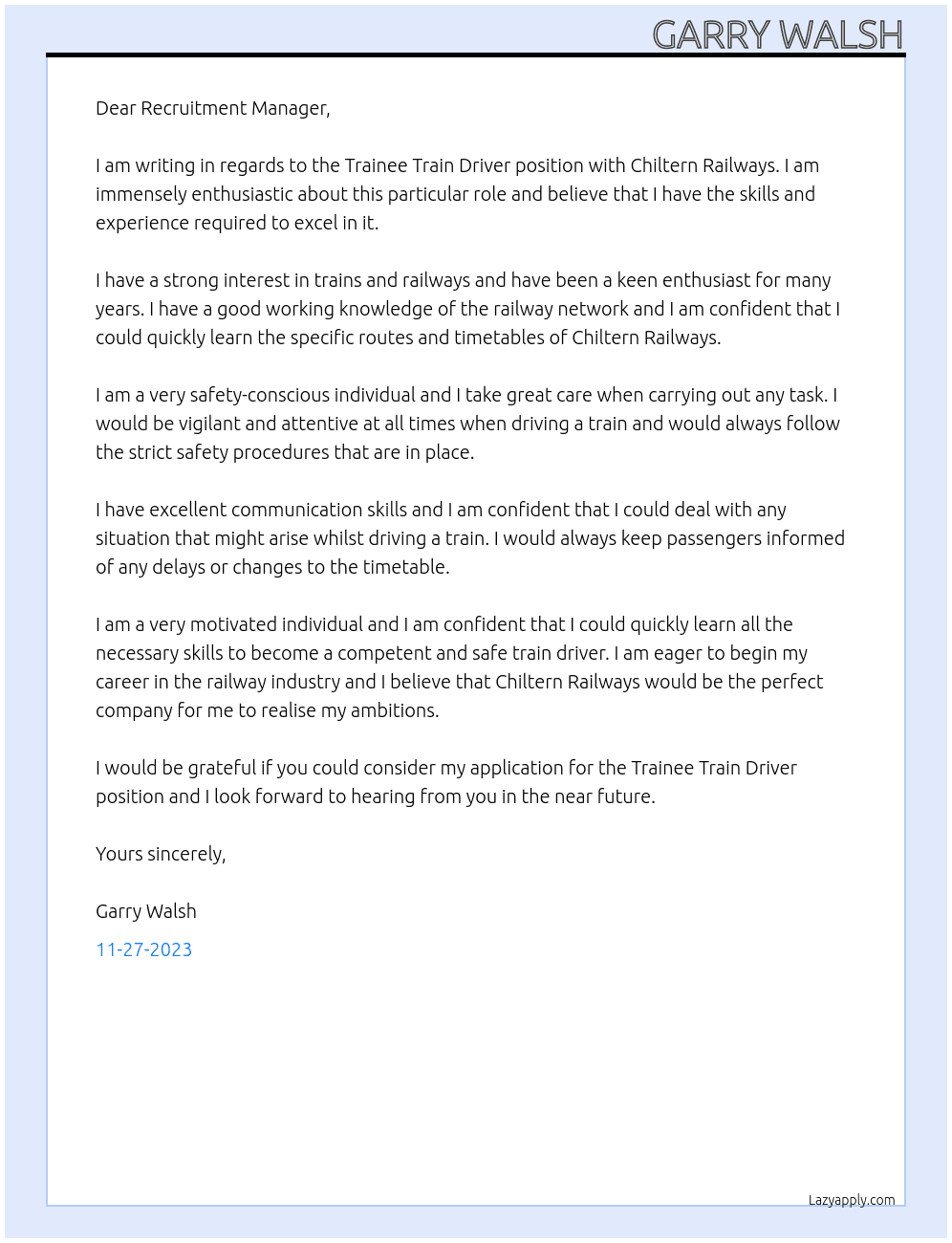Trainee Train Driver  At Chiltern Railways Cover Letter