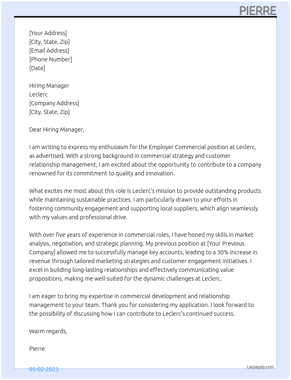 employer commercial At Leclerc Cover Letter
