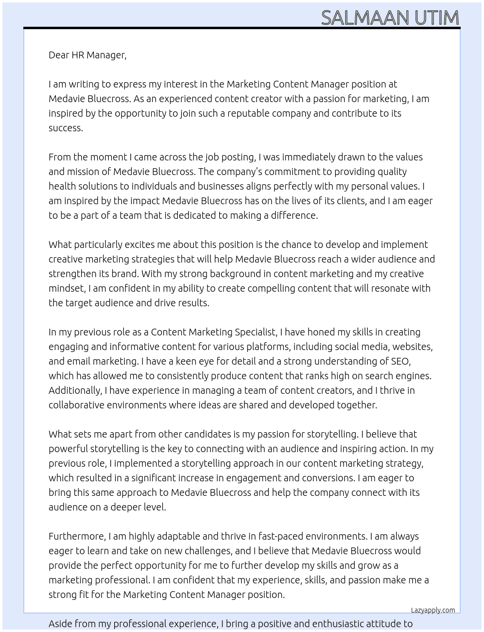 Marketing Content Manager At Medavie Bluecross Cover Letter