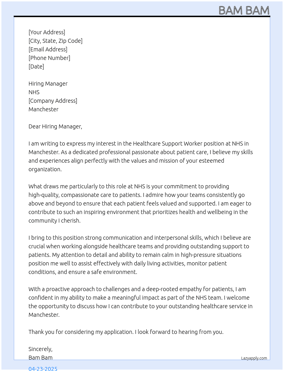Cover letter for healthcare support worker - LazyApply