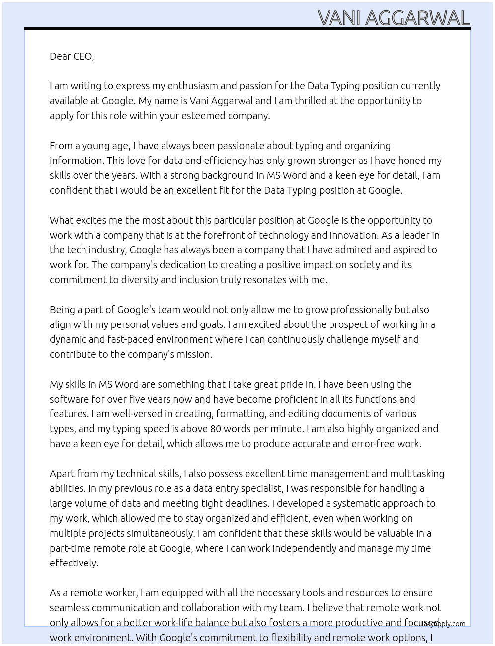 Cover letter for data typing - LazyApply