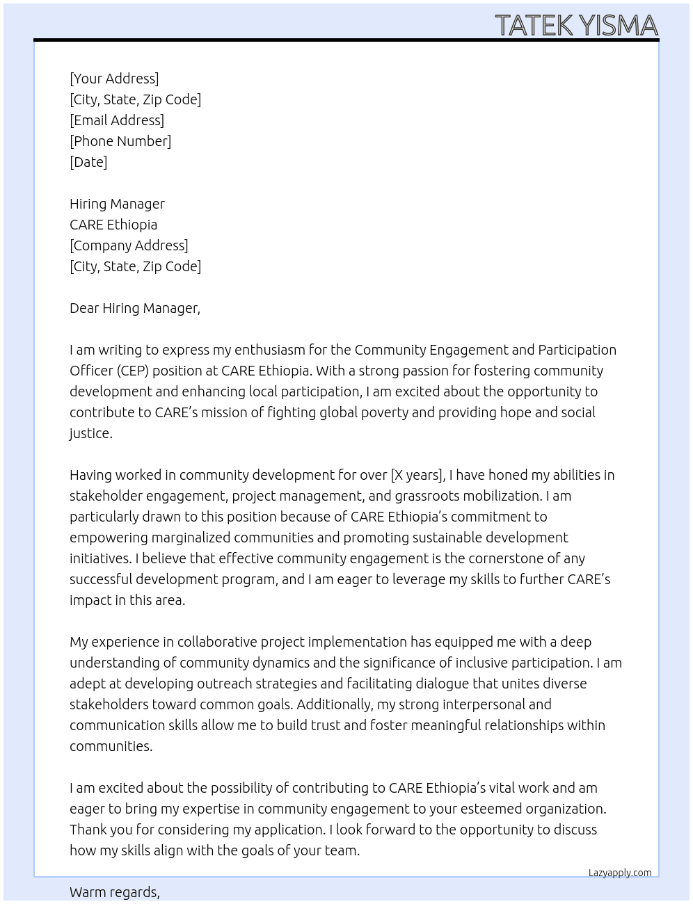 Community Engagement and Participation Officer (CEP) At CARE Ethiopia Cover Letter
