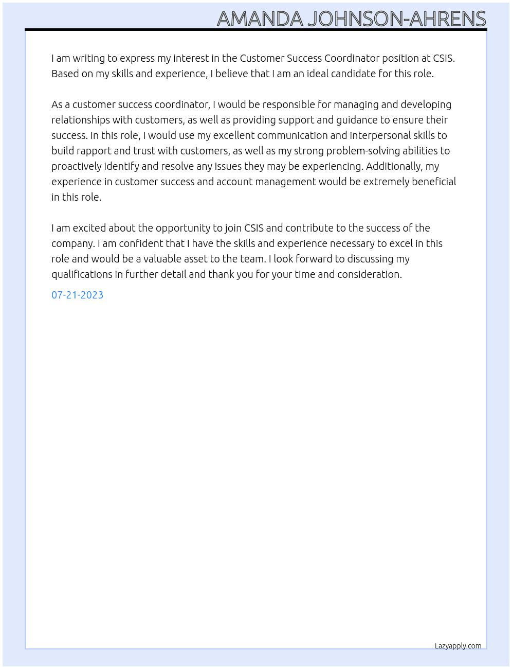 Customer Success Coordinator  At CSIS Cover Letter