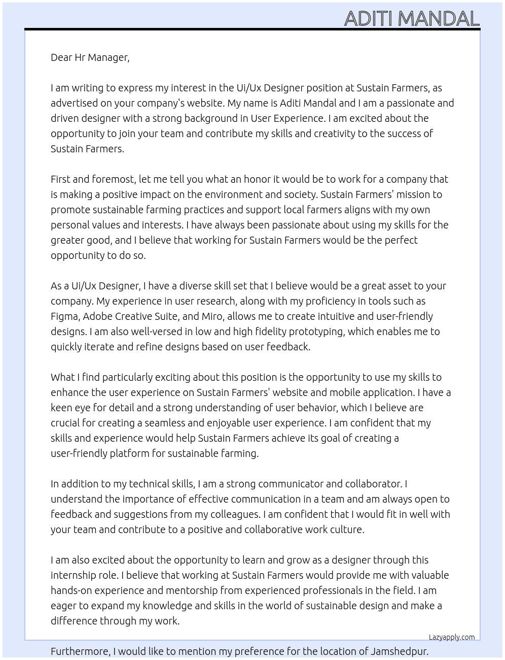 Ui/Ux Designer  At Sustain Farmers  Cover Letter