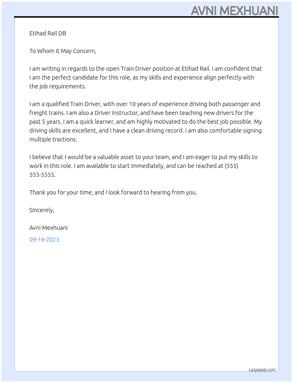 Qulified Train Driver At Etihad Rail DB Cover Letter