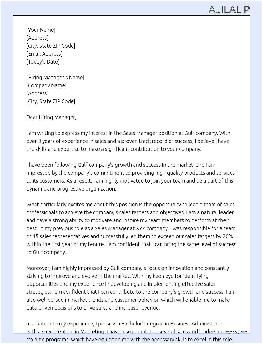 Sales Manager At Gulf company Cover Letter