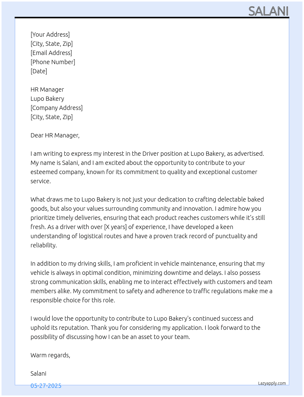 Driver  At Lupo Bakery Cover Letter
