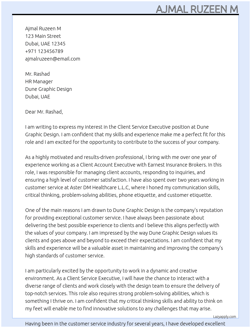 Client Service Executive At dune graphic design Cover Letter