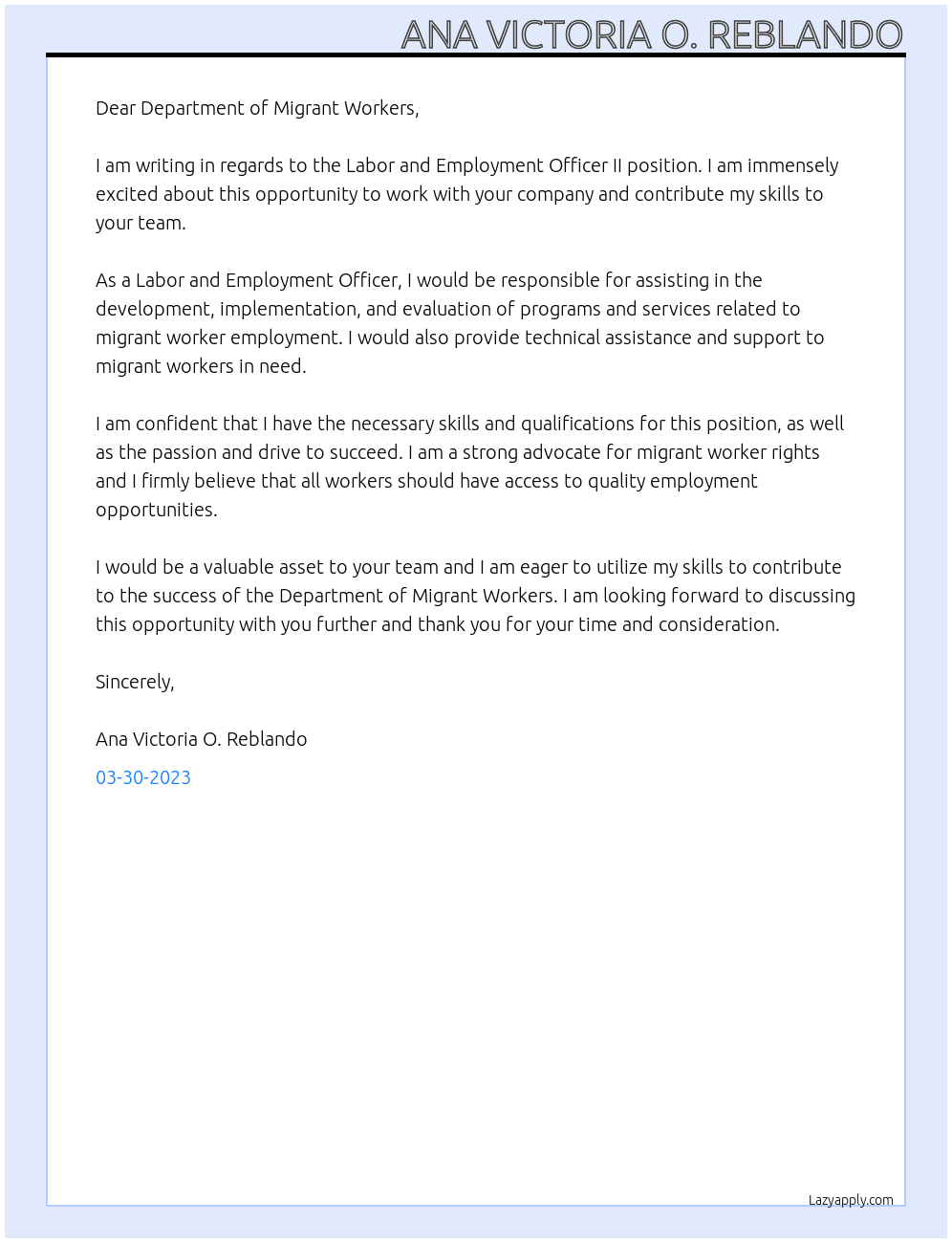 Labor and Employment Officer II At Department of Migrant Workers Cover Letter