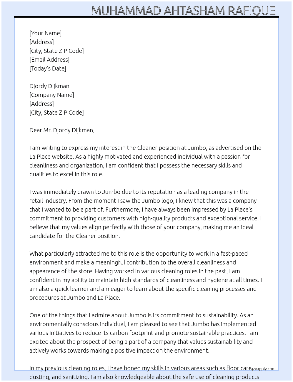  Cleaner At logo - Jumbo logo - La Place Cover Letter