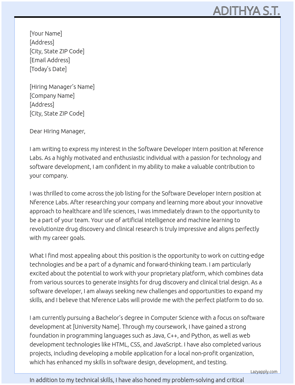Software Developer Intern At Nference Labs Cover Letter