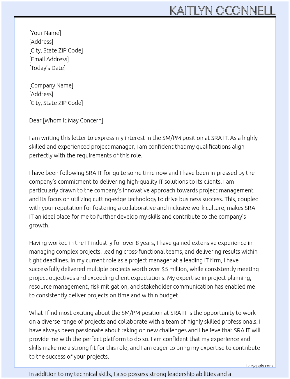 SM/PM At SRA IT Cover Letter