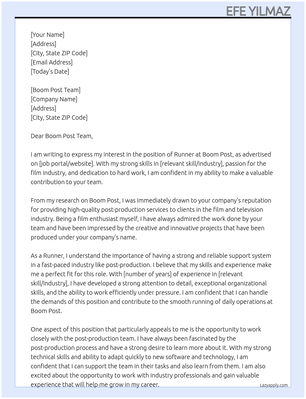 runner At Boom Post Cover Letter