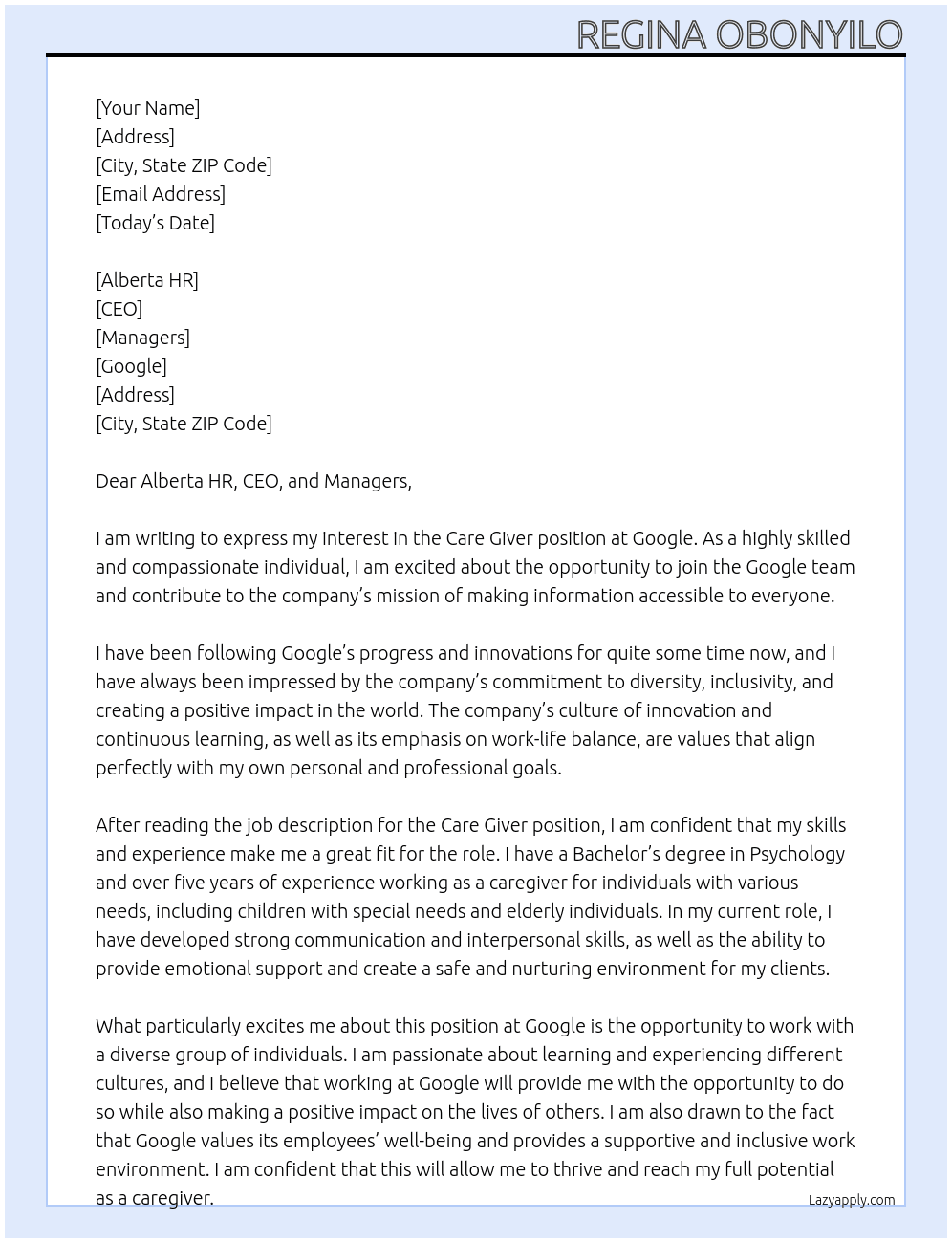 Care Giver  At Google Cover Letter