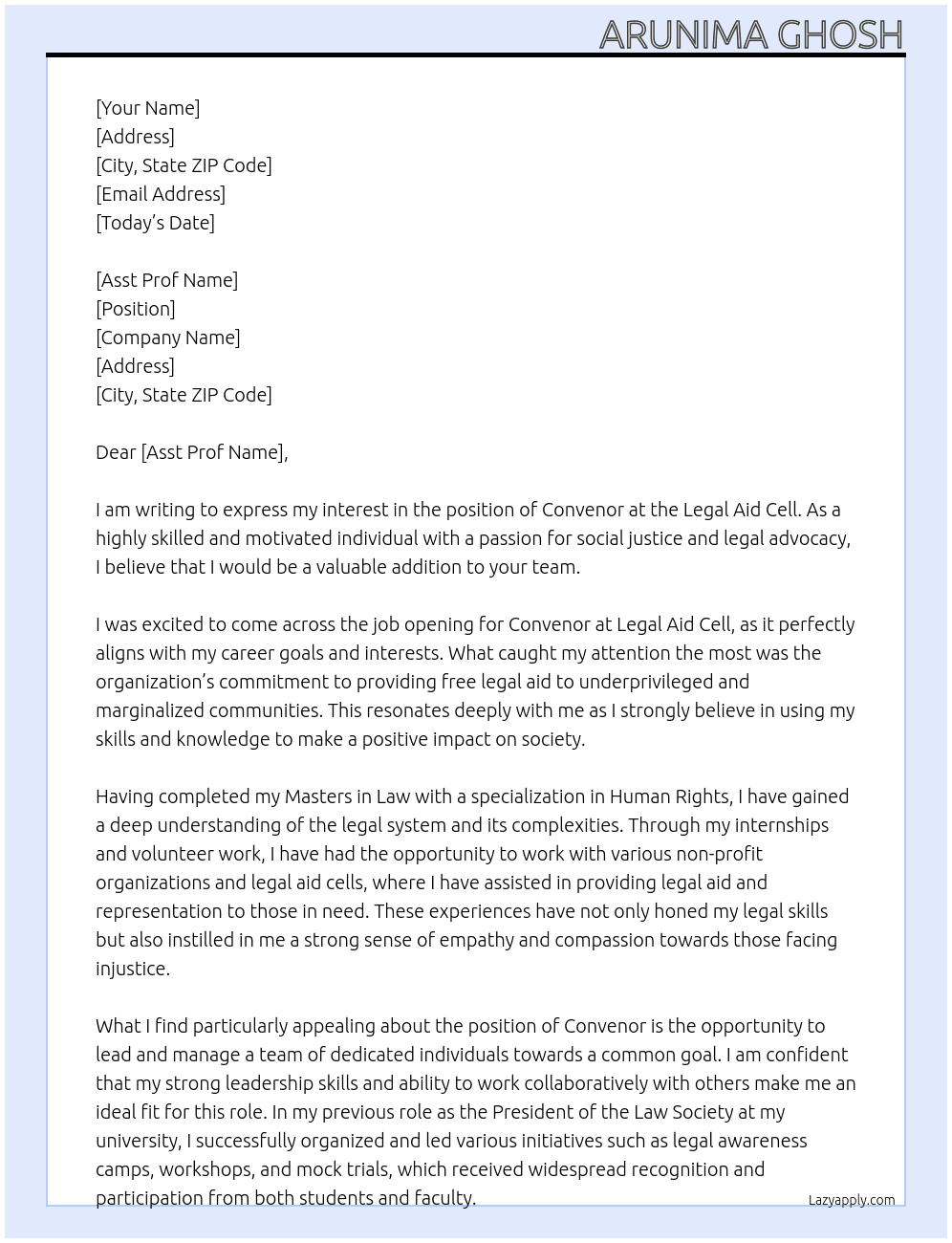 Convenor At Legal Aid Cell Cover Letter
