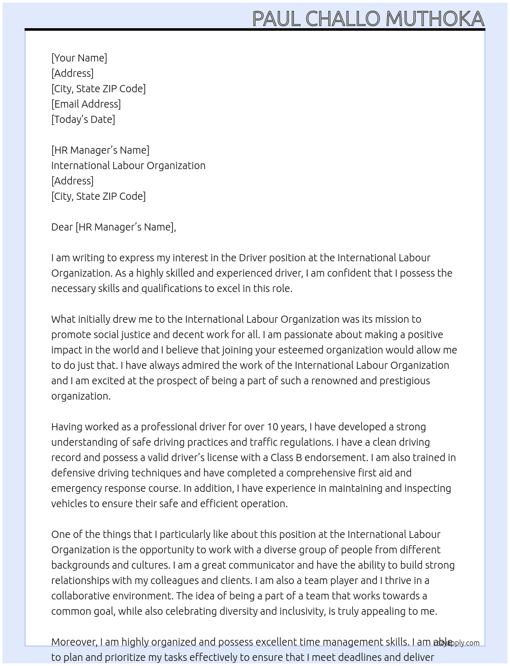 Driver At International Labour Organization Cover Letter