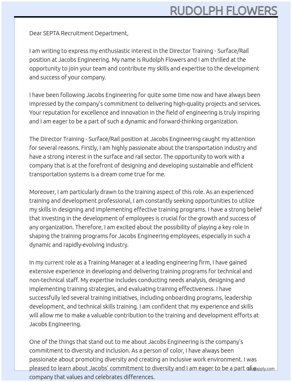 Director Training - Surface/Rail At Jacobs Engineering Cover Letter
