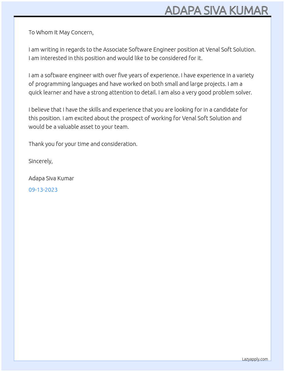 Associate software engineer  At Venal soft solution  Cover Letter