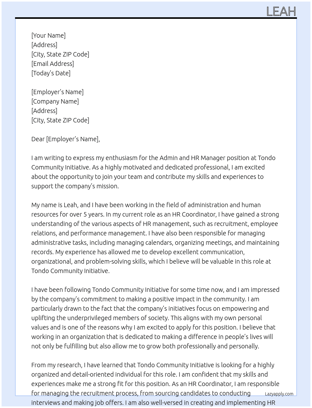 admin and hr manager At tondo community initiative Cover Letter