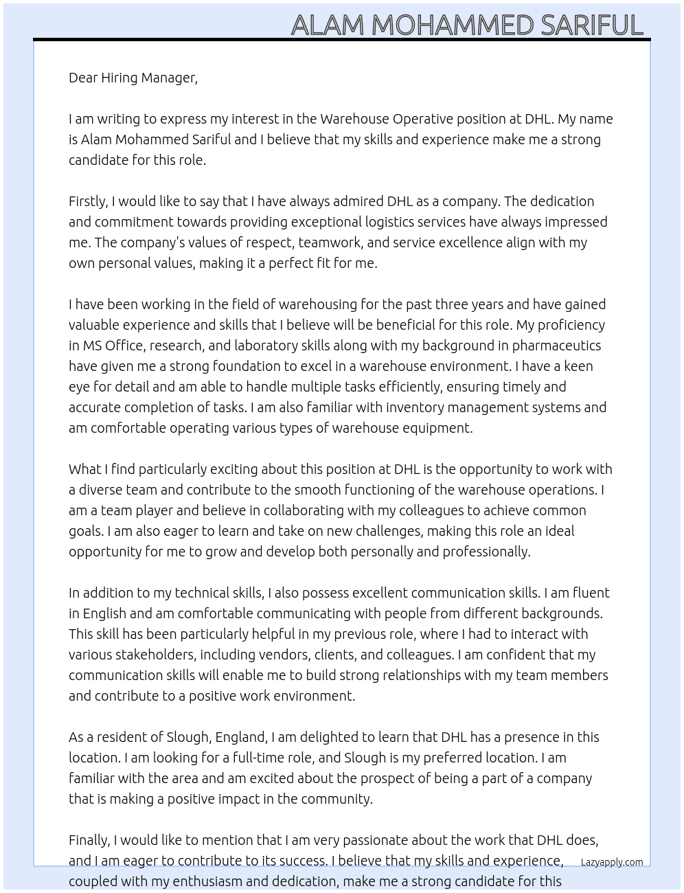 Warehouse Operative  At DHL Cover Letter