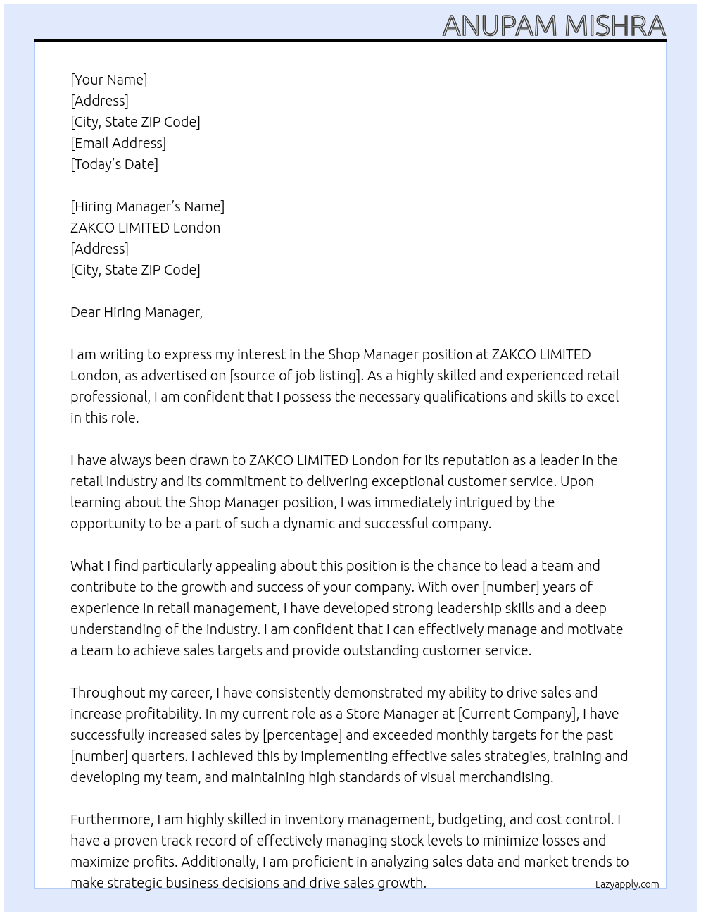 Shop Manager At ZAKCO LIMITED London  Cover Letter