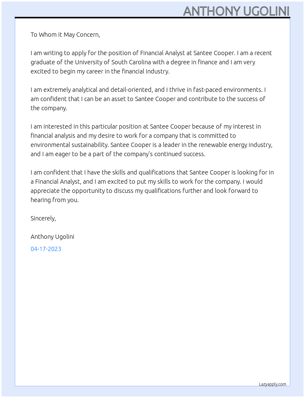 Financial Analyst  At Santee Cooper Cover Letter