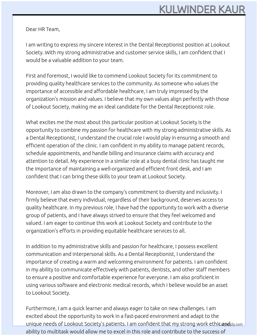 DENTAL RECEPTIONIST At LOOKOUT SOCIETY Cover Letter