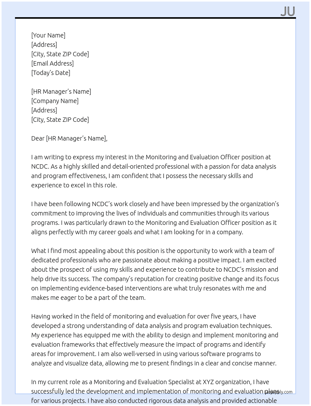 Monitoring and evaluation officer At Ncdc Cover Letter