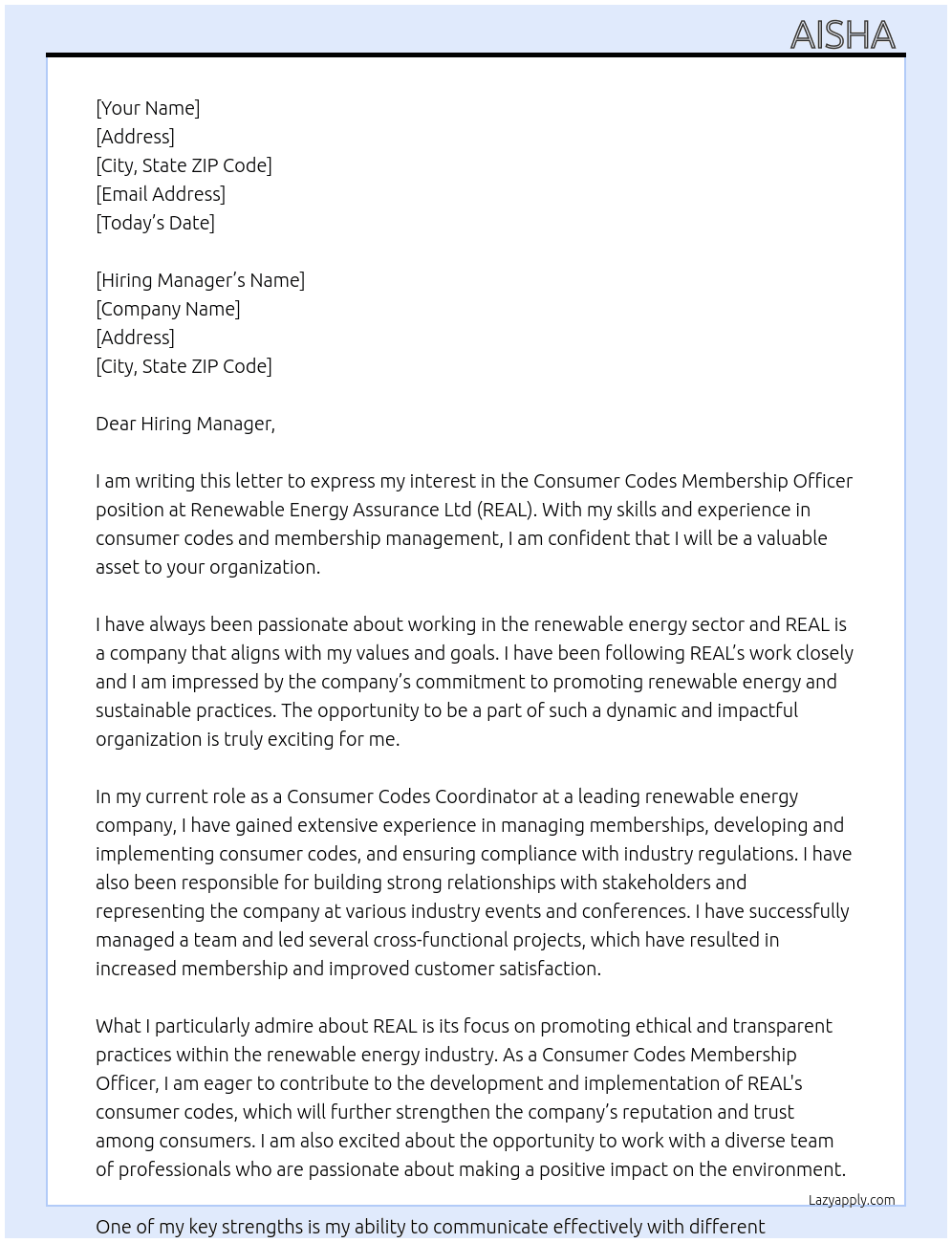 Cover letter for consumer codes membership officer - LazyApply