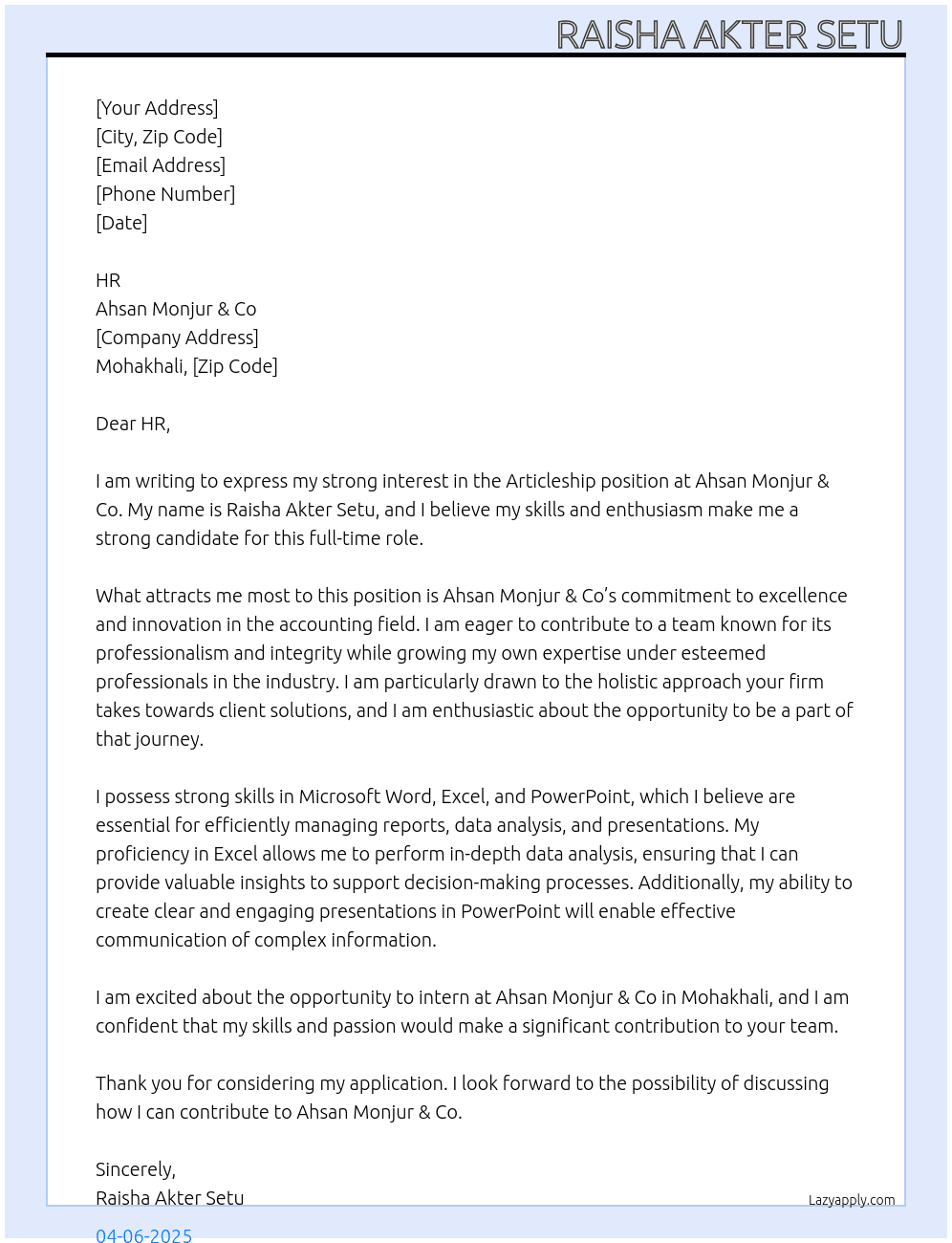 Articleship  At Ahsan Monjur & Co Cover Letter