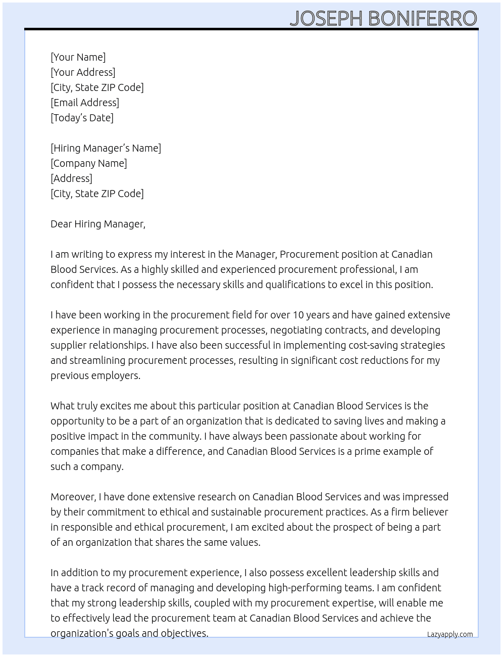 Manager, Procurement At Canadian Blood Services Cover Letter