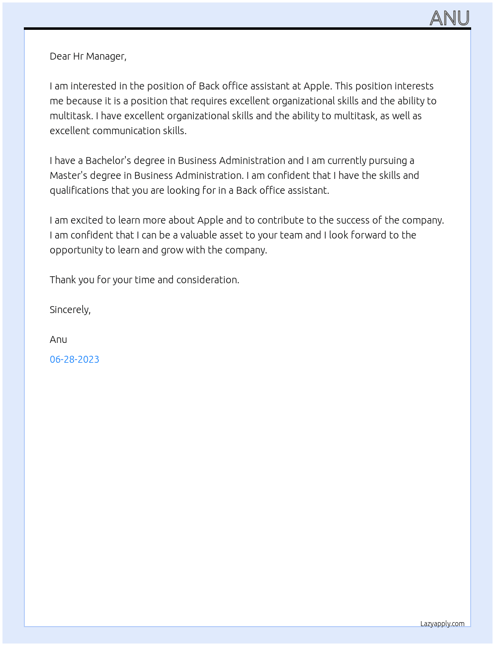 Back office assistant  At Apple Cover Letter