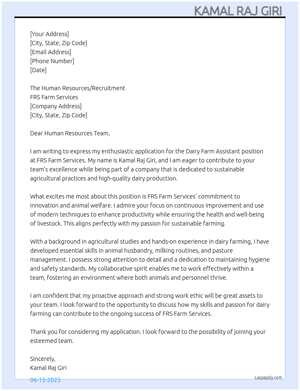 Dairy Farm Assistant  At FRS Farm Services Cover Letter