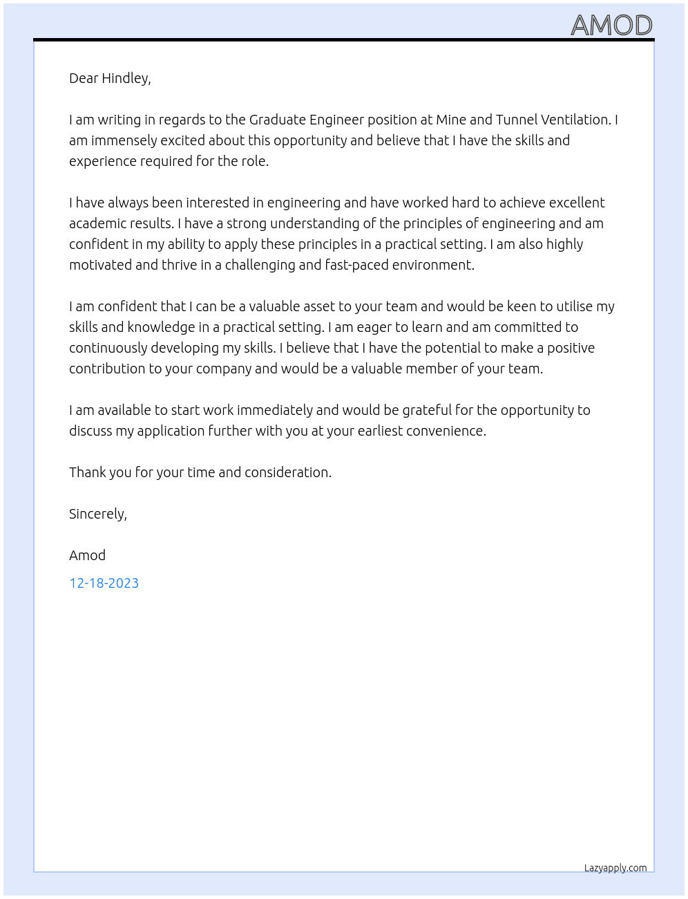 GRADUATE ENGINEER At Mine and Tunnel Ventilation Cover Letter